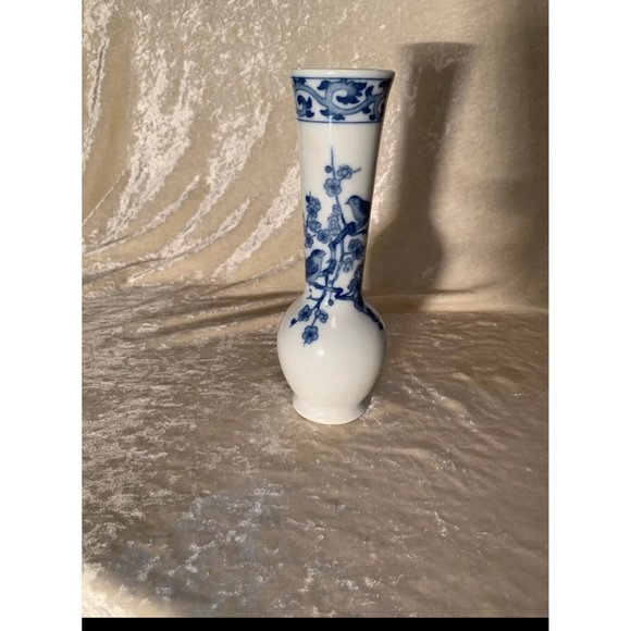 Andrea By Sadek, Japan, blue and white bud vase with birds in flowering tree, 7” - Picture 2 of 4